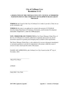 City of Coffman Cove Resolution[removed]A RESOLUTION OF THE COFFMAN COVE CITY COUNCIL AUTHORIZING PARTICIPATION IN THE COMMUNITY DEVELOPMENT BLOCK GRANT PROGRAM
