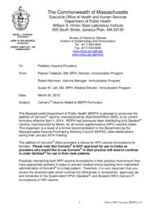 The Commonwealth of Massachusetts Executive Office of Health and Human Services Department of Public Health William A. Hinton State Laboratory Institute 305 South Street, Jamaica Plain, MA[removed]DEVAL L. PATRICK