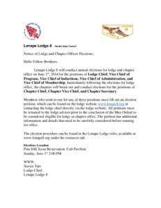 Lenape Lodge 8  Garden State Council Notice of Lodge and Chapter Officer Elections; Hello Fellow Brothers;