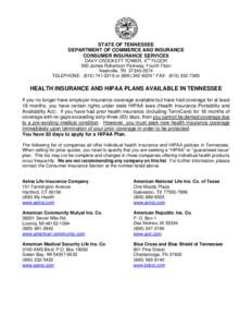 STATE OF TENNESSEE DEPARTMENT OF COMMERCE AND INSURANCE CONSUMER INSURANCE SERVICES DAVY CROCKETT TOWER, 4TH FLOOR 500 James Robertson Parkway, Fourth Floor