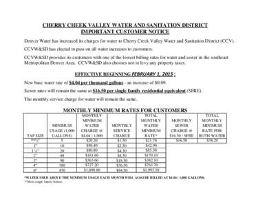 CHERRY CHEEK VALLEY WATER AND SANITATION DISTRICT IMPORTANT CUSTOMER NOTICE Denver Water has increased its charges for water to Cherry Creek Valley Water and Sanitation District (CCV). CCVW&SD has elected to pass on all 