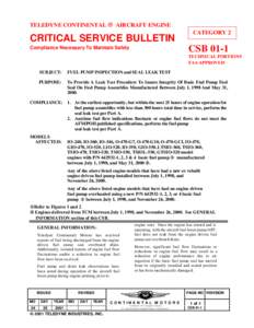 TELEDYNE CONTINENTAL ® AIRCRAFT ENGINE  CRITICAL SERVICE BULLETIN CATEGORY 2