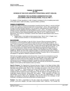 STATE OF CALIFORNIA DIVISION OF THE STATE ARCHITECT FINDING OF EMERGENCY OF THE DIVISION OF THE STATE ARCHITECT-STRUCTURAL SAFETY (DSA-SS)