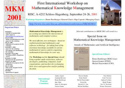 MKM 2001 First International Workshop on Mathematical Knowledge Management RISC, A-4232 Schloss Hagenberg, September 24-26, 2001