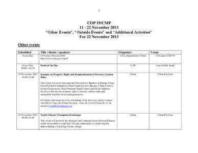 1  COP 19/CMP[removed]November 2013 “Other Events”, “Outside Events” and “Additional Activities” For 22 November 2013