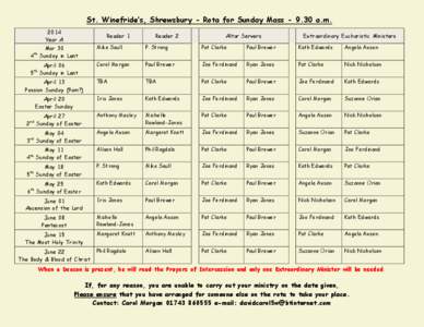 St. Winefride’s, Shrewsbury - Rota for Sunday Mass[removed]a.m[removed]Year A Reader 1