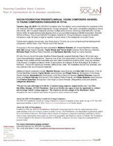 SOCAN FOUNDATION AWARDS NEWS RELEASE