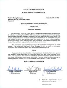 STATE OF NORTH DAKOTA PUBLIC SERVICE COMMISSION Case No. RC[removed]Falkirk Mining Company	 Revision No. 24, Permit NAFK-9503