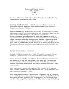 Professional Council Minutes Mar. 9, [removed]AM HY 225 Attendance: Chris Carter, Maribeth Yoder, Dennis Hicks, Dan Dooley, Brett Crowley, Dianne Chandler, Angela Belcher, Jerri Liebert