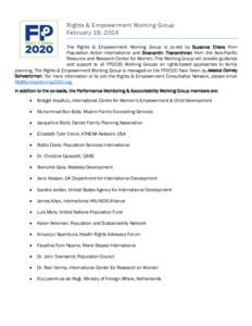 Rights & Empowerment Working Group February 19, 2014 The Rights & Empowerment Working Group is co-led by Suzanne Ehlers from Population Action International and Sivananthi Thanenthiran from the Asia-Pacific Resource and 