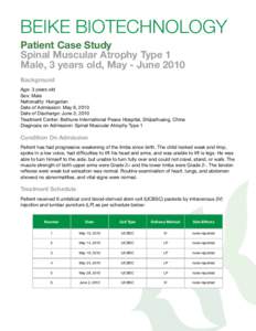 BEIKE BIOTECHNOLOGY Patient Case Study Spinal Muscular Atrophy Type 1 Male, 3 years old, May - June 2010 Background Age: 3 years old
