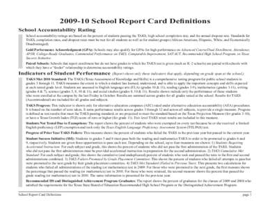 [removed]School Report Card Deﬁnitions School Accountability Rating School accountability ratings are based on the percent of students passing the TAKS, high school completion rate, and the annual dropout rate. Standard