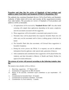 Procedure and time line for review of Standards of food products and additives under Food Safety and Standards (FPS&FA), Regulations, 2011 The authority has constituted Standards Review Cell in Food Safety and Standards 