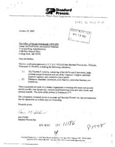 I  October 25,2002 The Office of SaecialNutritionals (HFS450) Center for Food Safe& and Applied Nut$tion