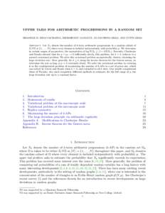 UPPER TAILS FOR ARITHMETIC PROGRESSIONS IN A RANDOM SET BHASWAR B. BHATTACHARYA, SHIRSHENDU GANGULY, XUANCHENG SHAO, AND YUFEI ZHAO Abstract. Let Xk denote the number of k-term arithmetic progressions in a random subset 