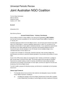 Universal Periodic Review  Joint Australian NGO Coalition The Hon Robert McClelland Attorney-General Parliament House