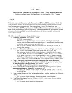 FACT SHEET Proposed Rule - Protection of Stratospheric Ozone: Change of Listing Status for Certain Substitutes under the Significant New Alternatives Policy Program ACTION Under this proposed rule, various hydrofluorocar