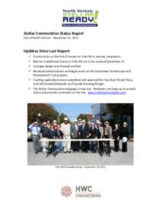 Stellar Communities Status Report City of North Vernon – November 21, 2011 Updates Since Last Report:  Construction on the first 8 houses for Irish Hill is nearing completion.  Bids for 4 additional homes in Iris