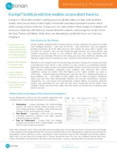 Manufacturing  &  Pharmaceu1cals  Eureqa® builds predictive models, so you don’t have to. Eureqa  is  a  “virtual  data  scien1st”,  enabling  anyone  to  iden1fy  pa?erns  in  data,  build  predic