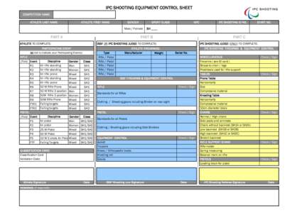 IPC SHOOTING EQUIPMENT CONTROL SHEET COMPETITION NAME ATHLETE LAST NAME ATHLETE FIRST NAME