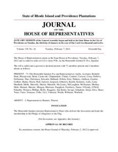 State of Rhode Island and Providence Plantations  JOURNAL -OF THE-  HOUSE OF REPRESENTATIVES