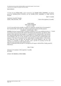 The original document was printed; handwritten additions and amendments appear in square brackets. A copy of this Act is available in the Statutes of New South Wales. BEGIN TRANSCRIPT I Certify that this PUBLIC BILL, whi