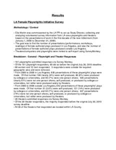 Results LA Female Playwrights Initiative Survey Methodology / Context • Ella Martin was commissioned by the LA FPI to act as Study Director, collecting and analyzing volunteered survey information from LA-area playwrig