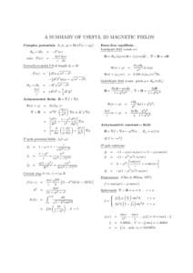 A SUMMARY OF USEFUL 2D MAGNETIC FIELDS Complex potentials: Az (x, y) = Re{Fˆ (x + iy)} = −Fˆ 0 (w) 4πI ln w wire: Fˆ (w) = − c 2π