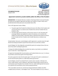 23rd NAVAJO NATION COUNCIL | Office of the Speaker  FOR IMMEDIATE RELEASE January 24, 2015  MEDIA CONTACTS