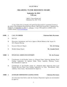 AGENDA OKLAHOMA WATER RESOURCES BOARD September 16, 2014 9:30 a.m[removed]N. Classen Boulevard Oklahoma City, OK 73118