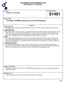 CALIFORNIA STATE SCIENCE FAIR 2010 PROJECT SUMMARY Name(s)  Melissa A. Barcelona