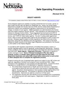 Safe Operating Procedure (Revised[removed]SELECT AGENTS _____________________________________________________________________ (For assistance, please contact EHS at[removed], or visit our web site at http://www.ehs.