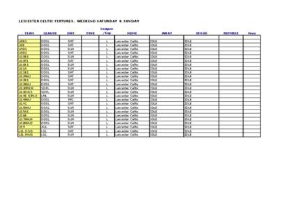 LEICESTER CELTIC FIXTURES. WEEKEND SATURDAY & SUNDAY TEAM U8B1 U8E U9D1 U9D1