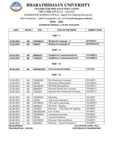 BHARATHIDASAN UNIVERSITY CENTRE FOR DISTANCE EDUCATION TIRUCHIRAPPALLIEXAMINATION SCHEDULE FOR B.Sc., Digital Film Making (Animation) (Non-Semester) - (24X7 Learning Pvt. Ltd., (AVAGMAH) Bangalore.)