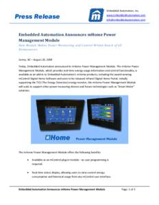Press Release  Embedded Automation, Inc. www.EmbeddedAutomation.com [removed]