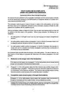 諾頓羅氏富布萊特 10 November 2014 DRAFT GUIDELINE ON COMPLAINTS UNDER THE COMPETITION ORDINANCE Comments by Norton Rose Fulbright Hong Kong