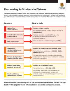 Responding to Students in Distress Distressing events may happen at any time to anyone. This resource, designed for your quick reference, aims to help guide your response when you feel a student may be in distress. It wi