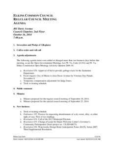 ELKINS COMMON COUNCIL REGULAR COUNCIL MEETING AGENDA 401 Davis Avenue Council Chamber, 2nd Floor October 16, 2014