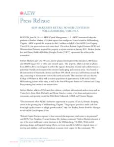 Microsoft Word - AEW Acquires Settlers Market in Virgina - AEW Press Release.docx