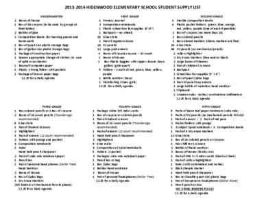 [removed]HIDENWOOD ELEMENTARY SCHOOL STUDENT SUPPLY LIST KINDERGARTEN 2 Boxes of tissues 1 Box of 64 crayons (to be used by groups at their tables) 2 Bottles of glue