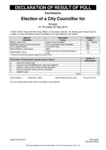 DECLARATION OF RESULT OF POLL Southampton Election of a City Councillor for Bargate on Thursday 22 May 2014