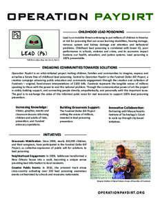 CHILDHOOD	LEAD	POISONING Lead	is	an	invisible	threat	continuing	to	put	millions	of	children	in	America	 at	risk	for	poisoning	that	can	cause	learning	disabilities,	hearing	damage, nervous	 system	 and	 kidney	 damage	 an