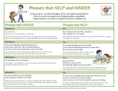 Phrases that HELP and HINDER As the caregiver, you play the biggest role in your child’s eating behavior. What you say has an impact on developing healthy eating habits. Negative phrases can easily be changed into posi