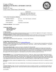 County of Placer SHERIDAN MUNICIPAL ADVISORY COUNCIL P. O. Box 185 Sheridan, CA[removed]County Contact: Jennifer Pereira[removed]APPROVED