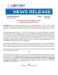 FOR IMMEDIATE RELEASE November 18, 2014 CONTACT:  Agnes Moss