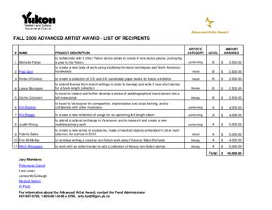 FALL 2009 ADVANCED ARTIST AWARD - LIST OF RECIPIENTS ARTISTIC CATEGORY LEVEL