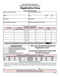 City of Grosse Pointe Farms Department of Parks and Recreation Registration Form Household Information