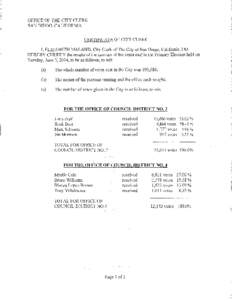 OFFICE OF THE CITY CLERK SAN DIEGO, CALIFORNIA CERTIFICATE OF CITY CLERK I, ELIZABETH MALAND, City Clerk of The City of San Diego, California, DO HEREBY CERTIFY the results of the canvass of the votes cast in the Primary