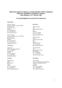 Eighth International Conference on Harmonisation within Atmospheric Dispersion Modelling for Regulatory Purposes Sofia, Bulgaria, 14-17 October 2002 List of participants (corrected at the conference) ARGENTINA Nicolas A.