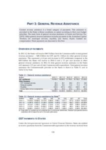 PART 3: GENERAL REVENUE ASSISTANCE General revenue assistance is a broad category of payments. This assistance is provided to the States without conditions, to spend according to their own budget priorities. The main for